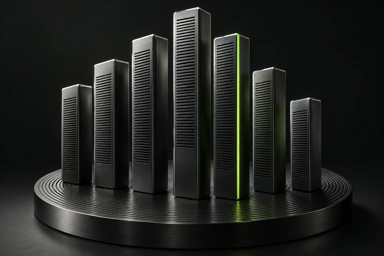 Sculptural graphite server blades arranged in a musical wave, with a lime accent